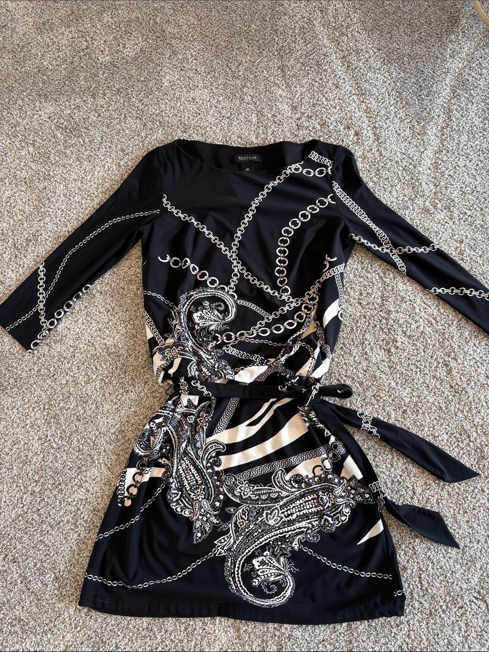 White House Black Market Black & White Paisley Chain-Print Tie Dress Size XS